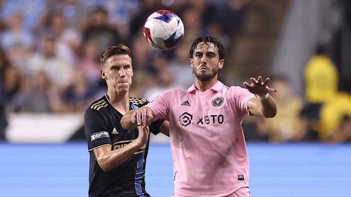 Inter Miami's Leonardo Campana looks to take control of a ball against Philadelphia Union in the semifinals of the 2023 Leagues Cup.