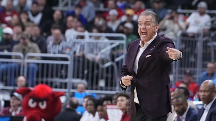 Mar 20, 2025; Providence, RI, USA; Arkansas Razorbacks head coach John Calipari reacts during the first half against the Kansas Jayhawks at Amica Mutual Pavilion. Mandatory Credit: Gregory Fisher-Imagn Images Mar 20, 2025; Providence, RI, USA; Arkansas Razorbacks head coach John Calipari reacts during the first half against the Kansas Jayhawks at Amica Mutual Pavilion. Mandatory Credit: Gregory Fisher-Imagn Images