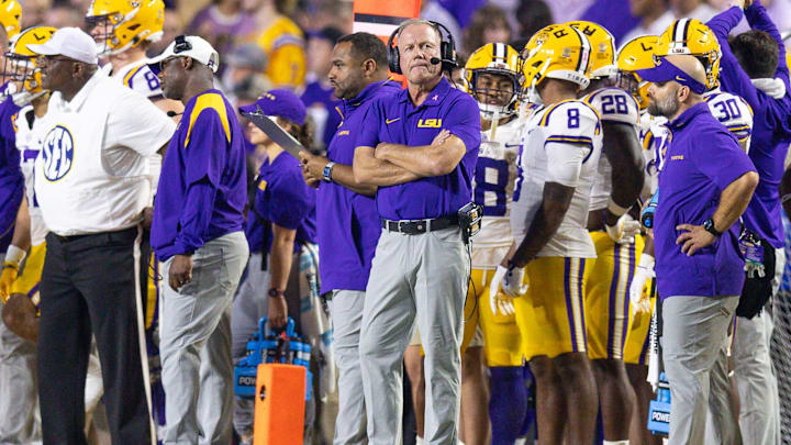 Oct 12, 2024; Baton Rouge, Louisiana, USA; LSU Tigers head coach Brian Kelly looks on during the second half against the Mississippi Rebels at Tiger Stadium. Mandatory Credit: Stephen Lew-Imagn Images Oct 12, 2024; Baton Rouge, Louisiana, USA; LSU Tigers head coach Brian Kelly looks on during the second half against the Mississippi Rebels at Tiger Stadium. Mandatory Credit: Stephen Lew-Imagn Images
