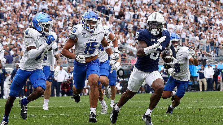 Penn State Nittany Lions wide receiver Koby Howard (6) runs for a touchdown against the Buffalo Bulls at Beaver Stadium. Penn State Nittany Lions wide receiver Koby Howard (6) runs for a touchdown against the Buffalo Bulls at Beaver Stadium.