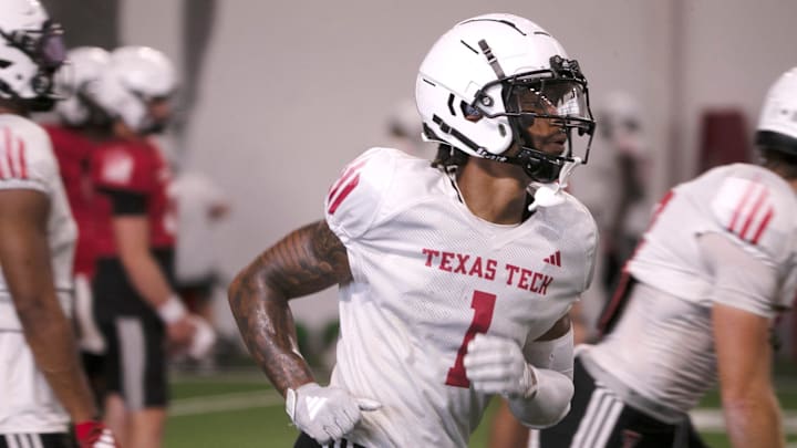 Texas Tech wide receiver Micah Hudson does a drill during football practice, Wednesday, Aug. 14, 2024, at the Sports Performance Center. Texas Tech wide receiver Micah Hudson does a drill during football practice, Wednesday, Aug. 14, 2024, at the Sports Performance Center.