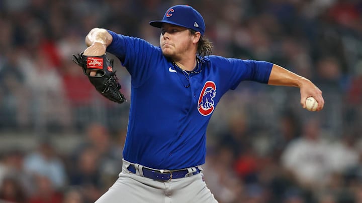 Sep 26, 2023; Atlanta, Georgia, USA; Chicago Cubs starting pitcher Justin Steele (35) throws against the Atlanta Braves in the second inning at Truist Park.
