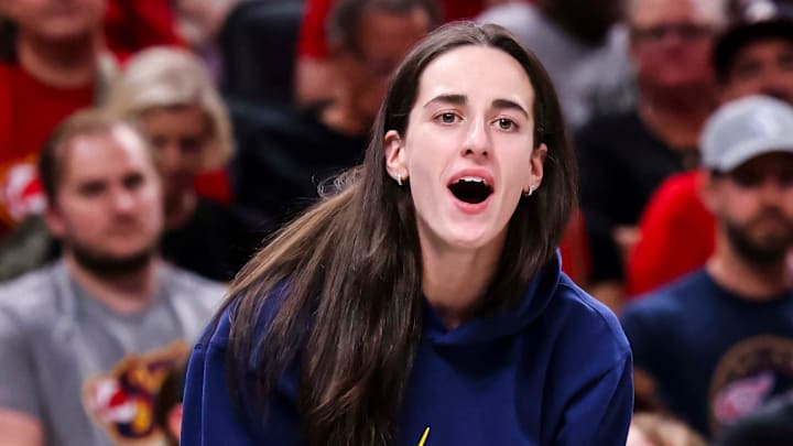 Indiana Fever guard Caitlin Clark (22) cheers on the team Thursday, June 26, 2025, during a game between the Indiana Fever and the Los Angeles Sparks at Gainbridge Fieldhouse in Indianapolis. Indiana Fever guard Caitlin Clark (22) cheers on the team Thursday, June 26, 2025, during a game between the Indiana Fever and the Los Angeles Sparks at Gainbridge Fieldhouse in Indianapolis.