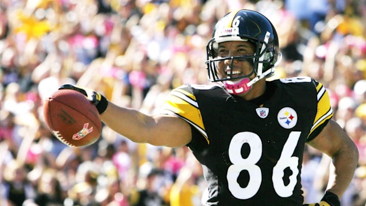 October 9, 2011; Pittsburgh,PA, USA: Pittsburgh Steelers wide receiver Hines Ward (86) celebrates his touchdown against  the Tennessee Titans during the second quarter at Heinz Field. Mandatory Credit: Charles LeClaire-USPRESSWIRE
