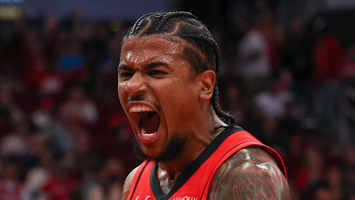 Dec 19, 2024; Houston, Texas, USA;  Houston Rockets guard Jalen Green (4) reacts after dunking against the New Orleans Pelicans in the second half at Toyota Center. Mandatory Credit: Thomas Shea-Imagn Images