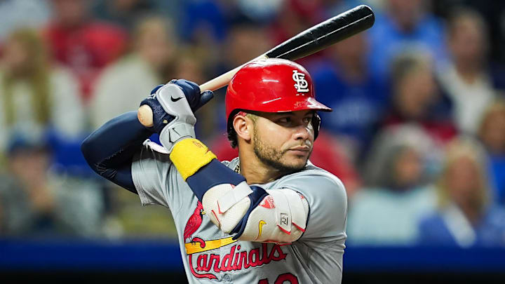 Aug 9, 2024; Kansas City, Missouri, USA; St. Louis Cardinals catcher Willson Contreras (40) bats during the seventh inning against the Kansas City Royals at Kauffman Stadium