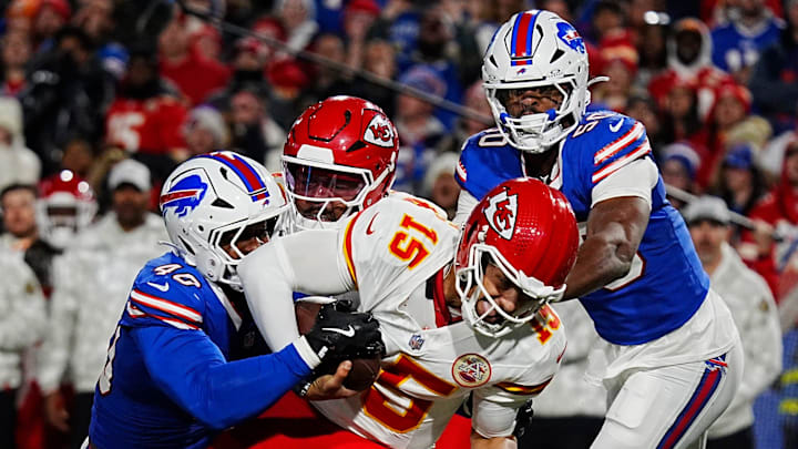 Bills Von Miller and Greg Rousseau sack Kansas City's Patrick Mahomes during first half action against the Kansas City Chiefs in Orchard Park, Nov.17, 2024.