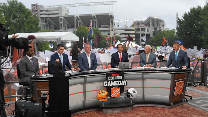 Desmond Howard, left, Reece Davis, Pat McAfee Nick Saban, Lee Corso, and Kirk Herbstreit live broadcast during ESPN Gameday near Williams-Brice Stadium in Columbia, S.C. Saturday, September 14, 2024. Desmond Howard, left, Reece Davis, Pat McAfee Nick Saban, Lee Corso, and Kirk Herbstreit live broadcast during ESPN Gameday near Williams-Brice Stadium in Columbia, S.C. Saturday, September 14, 2024.