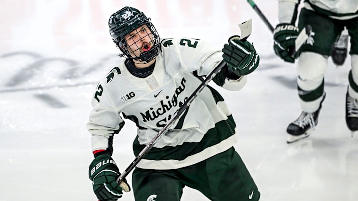 Michigan State's Isaac Howard celebrates his goal against Notre Dame during the third period in the Big Ten tournament on Saturday, March 15, 2025, at Muni Arena in East Lansing. Michigan State's Isaac Howard celebrates his goal against Notre Dame during the third period in the Big Ten tournament on Saturday, March 15, 2025, at Muni Arena in East Lansing.