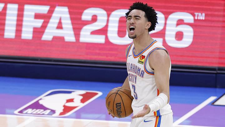 May 26, 2026; Oklahoma City, Oklahoma, USA; Oklahoma City Thunder guard Jared McCain (3) reacts after a basket during the fourth quarter against the San Antonio Spurs in game five of the western conference finals for the 2026 NBA playoffs at Paycom Center. Mandatory Credit: Alonzo Adams-Imagn Images May 26, 2026; Oklahoma City, Oklahoma, USA; Oklahoma City Thunder guard Jared McCain (3) reacts after a basket during the fourth quarter against the San Antonio Spurs in game five of the western conference finals for the 2026 NBA playoffs at Paycom Center. Mandatory Credit: Alonzo Adams-Imagn Images