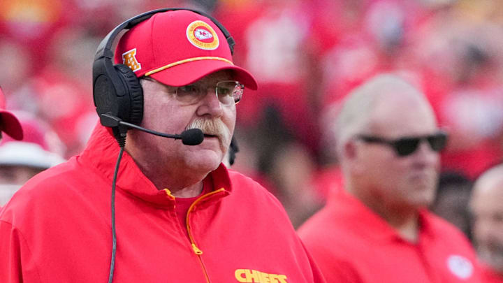 Sep 15, 2024; Kansas City, Missouri, USA; Kansas City Chiefs head coach Andy Reid watches play agains the Cincinnati Bengals during the first half at GEHA Field at Arrowhead Stadium. Mandatory Credit: Denny Medley-Imagn Images