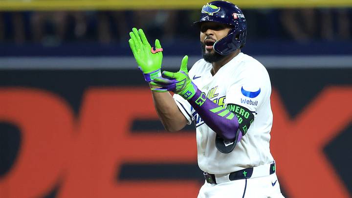 Oct 13, 2026; St. Petersburg, Florida, USA; Tampa Bay Rays third baseman Junior Caminero (13) celebrates after hitting a double against the Cleveland Guardians during the first inning in game two of the ALCS for the 2026 MLB Playoffs at Tropicana Field. Mandatory Credit: Kim Klement Neitzel-Imagn Images Oct 13, 2026; St. Petersburg, Florida, USA; Tampa Bay Rays third baseman Junior Caminero (13) celebrates after hitting a double against the Cleveland Guardians during the first inning in game two of the ALCS for the 2026 MLB Playoffs at Tropicana Field. Mandatory Credit: Kim Klement Neitzel-Imagn Images