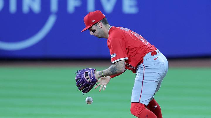 Jul 22, 2025; New York City, New York, USA; Los Angeles Angels shortstop Zach Neto (9) drops a ground ball by New York Mets catcher Francisco Alvarez (not pictured) for an error during the seventh inning at Citi Field. Mandatory Credit: Brad Penner-Imagn Images
