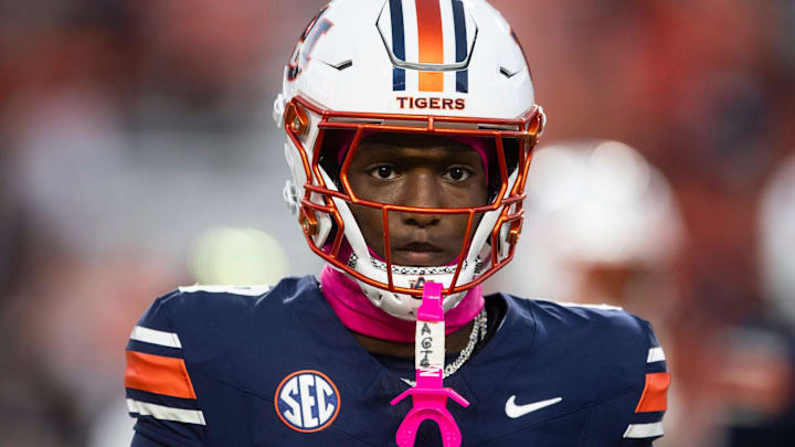 Auburn Tigers wide receiver Cam Coleman (8) during warm ups as Auburn Tigers take on Georgia Bulldogs at Jordan-Hare Stadium in Auburn, Ala. on Saturday, Oct. 11, 2025. Georgia Bulldogs defeated Auburn Tigers 20-10.