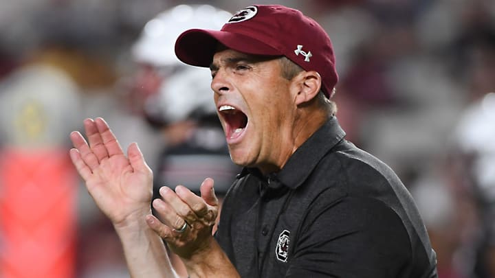 The University of South Carolina Spring football game took place at William-Brice Stadium on April 24, 2024. USC's Head Coach Shane Beamer reacts to a play.