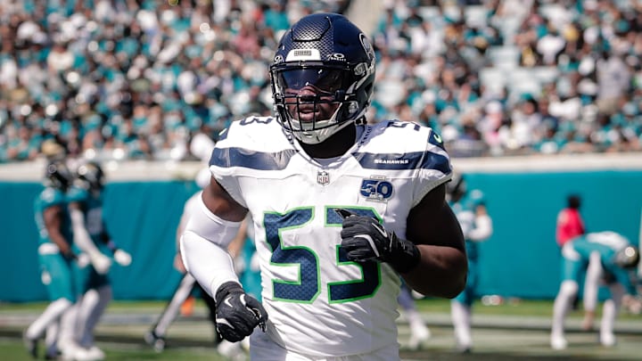 Oct 12, 2025; Jacksonville, Florida, USA;Seattle Seahawks linebacker Boye Mafe (53) runs off the field during the game against the Jacksonville Jaguars at EverBank Stadium. Mandatory Credit: Travis Register-Imagn Images