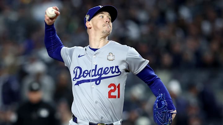 Los Angeles Dodgers pitcher Walker Buehler (21) throws during the first inning in game three of the 2024 MLB World Series.