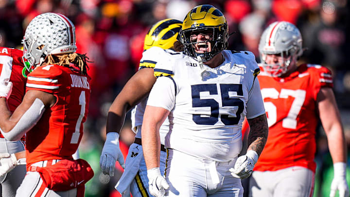 Michigan defensive lineman Mason Graham (55) celebrates a play against Ohio State during the second half at Ohio Stadium in Columbus, Ohio on Saturday, Nov. 30, 2024.