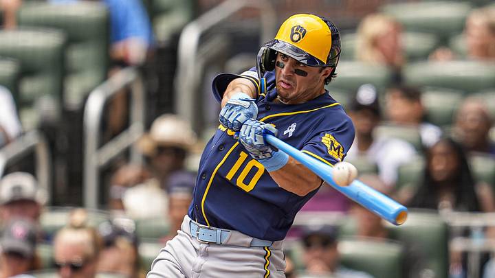 Jun 21, 2026; Cumberland, Georgia, USA; Milwaukee Brewers right fielder Sal Frelick (10) hits a double to drive in two runs against the Atlanta Braves during the second inning at Truist Park. Mandatory Credit: Dale Zanine-Imagn Images