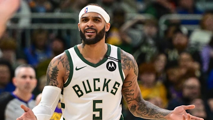 Mar 13, 2025; Milwaukee, Wisconsin, USA;  Milwaukee Bucks guard Gary Trent Jr. (5) reacts in the fourth quarter against the Los Angeles Lakers at Fiserv Forum. Mandatory Credit: Benny Sieu-Imagn Images