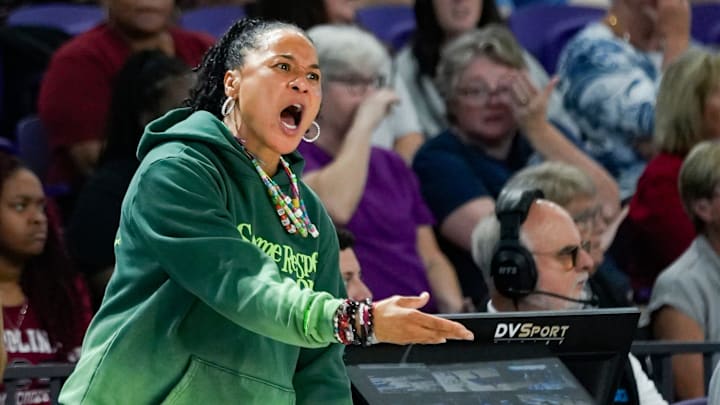 South Carolina Gamecocks head coach Dawn Staley reacts to a play during the second quarter of a Fort Myers Tip-Off Island Division game against the Iowa State Cyclones at Suncoast Credit Union Arena in Fort Myers, Fla., on Thursday, Nov. 28, 2024. South Carolina Gamecocks head coach Dawn Staley reacts to a play during the second quarter of a Fort Myers Tip-Off Island Division game against the Iowa State Cyclones at Suncoast Credit Union Arena in Fort Myers, Fla., on Thursday, Nov. 28, 2024.