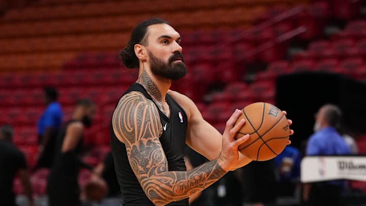 Oct 15, 2023; Miami, Florida, USA; Memphis Grizzlies center Steven Adams (4) warms up prior to the game against the Miami Heat at Kaseya Center. Mandatory Credit: Jasen Vinlove-Imagn Images