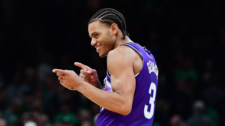 Nov 3, 2025; Boston, Massachusetts, USA; Utah Jazz guard Keyonte George (3) reacts during the second half against the Boston Celtics at TD Garden. Mandatory Credit: Bob DeChiara-Imagn Images