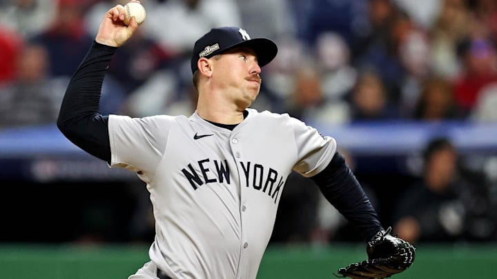 Oct 19, 2024; Cleveland, Ohio, USA; New York Yankees pitcher Mark Leiter Jr. (38) pitches during the sixth inning against the Cleveland Guardians during game five of the ALCS for the 2024 MLB playoffs at Progressive Field