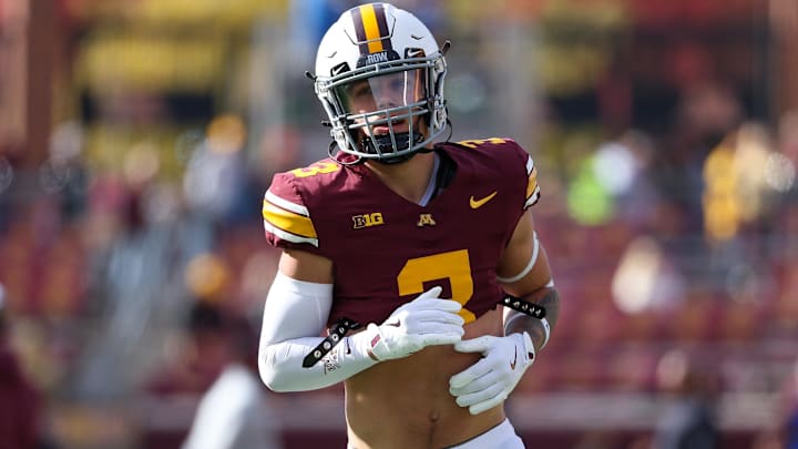 Oct 26, 2024; Minneapolis, Minnesota, USA; Minnesota Golden Gophers defensive back Koi Perich (3) warms up before the game against the Maryland Terrapins at Huntington Bank Stadium. Mandatory Credit: Matt Krohn-Imagn Images