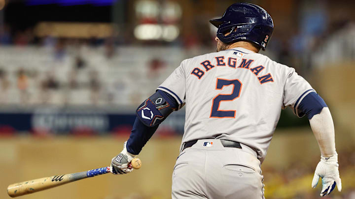 Jul 5, 2024; Minneapolis, Minnesota, USA; Houston Astros third baseman Alex Bregman (2) hits a three-run home run against the Minnesota Twins during the ninth inning at Target Field