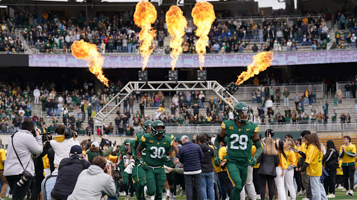 Nov 30, 2024; Waco, Texas, USA;  The Baylor Bears take the field before a game against the Kansas Jayhawks at McLane Stadium. Mandatory Credit: Chris Jones-Imagn Images