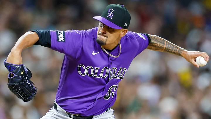 Apr 11, 2026; San Diego, California, USA; Colorado Rockies relief pitcher Brennan Bernardino (83) throws a pitch during the sixth inning against the San Diego Padres at Petco Park. Mandatory Credit: David Frerker-Imagn Images