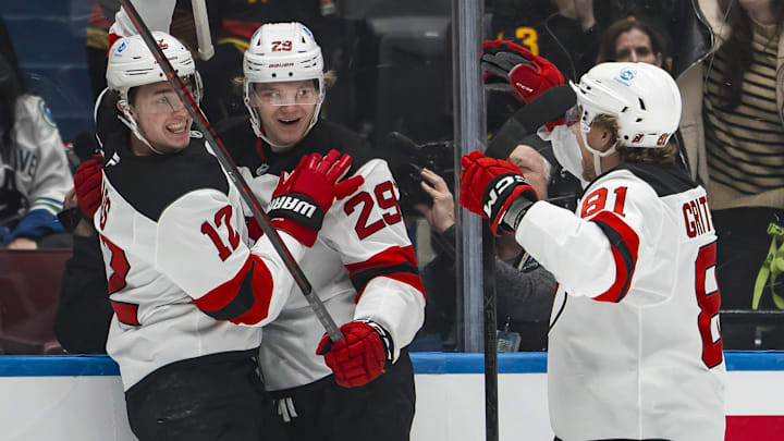 New Jersey Devils forward Cody Glass (12), forward Lenni Hameenaho (29), and forward Arseny Gritsyuk (81) celebrate: Bob Frid-Imagn Images New Jersey Devils forward Cody Glass (12), forward Lenni Hameenaho (29), and forward Arseny Gritsyuk (81) celebrate: Bob Frid-Imagn Images