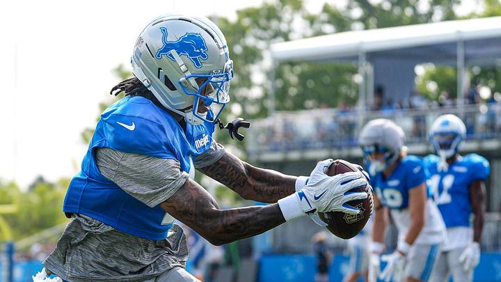 Detroit Lions wide receiver Jameson Williams (1) practiceduring training camp at Meijer Performance Center in Allen Park on Monday, August 10, 2026.