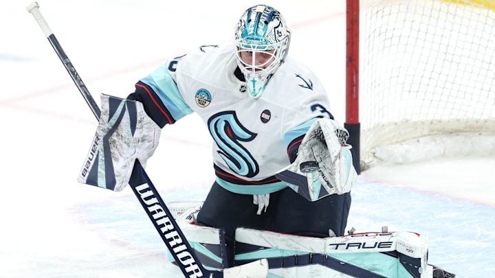 Jan 16, 2025; Winnipeg, Manitoba, CAN; Seattle Kraken goaltender Joey Daccord (35) warms up before a game against the Winnipeg Jets at Canada Life Centre. Mandatory Credit: James Carey Lauder-Imagn Images