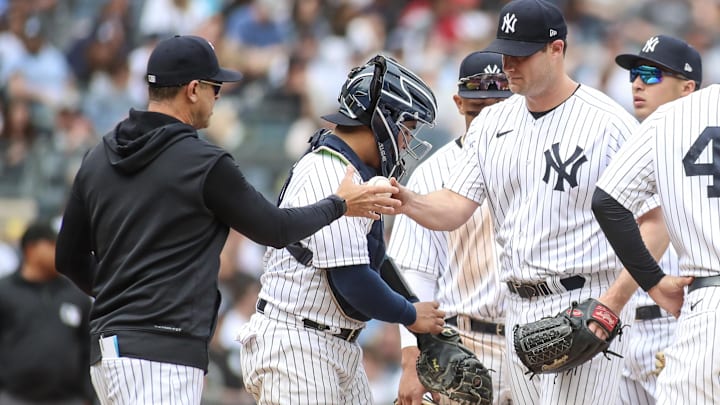 Apr 22, 2023; Bronx, New York, USA;  New York Yankees starting pitcher Gerrit Cole (45) is taken out