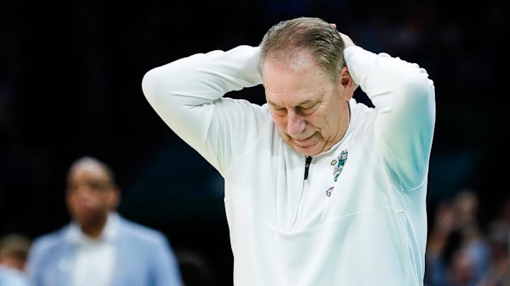 Michigan State head coach Tom Izzo reacts to a play against North Carolina during the second half of the NCAA tournament West Region second round at Spectrum Center in Charlotte, N.C. on Saturday, March 23, 2024.
