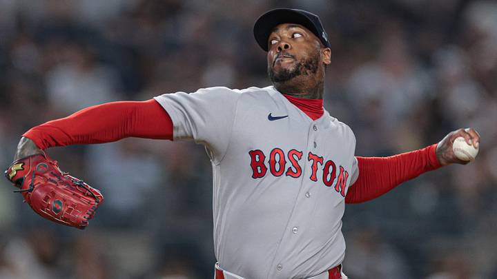 Jun 5, 2026; Bronx, New York, USA; Boston Red Sox pitcher Aroldis Chapman (44) delivers a pitch during the ninth inning against the New York Yankees at Yankee Stadium. Mandatory Credit: Vincent Carchietta-Imagn Images