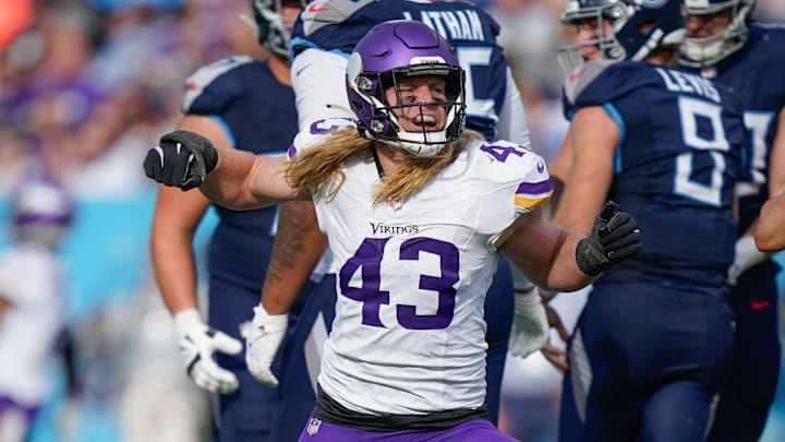 Minnesota Vikings linebacker Andrew Van Ginkel (43) celebrates his sack of Tennessee Titans quarterback Will Levis (8) during the second quarter at Nissan Stadium in Nashville, Tenn., Sunday, Nov. 17, 2024.