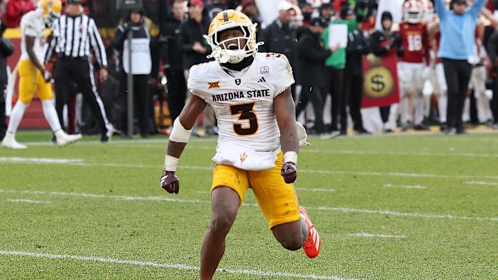 Nov 1, 2025; Ames, Iowa, USA;  Arizona State Sun Devils running back Raleek Brown (3) celebrates during their game with the Iowa State Cyclones at Jack Trice Stadium. Mandatory Credit: Reese Strickland-Imagn Images