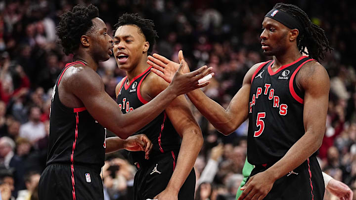 Mar 28, 2022; Toronto, Ontario, CAN; Toronto Raptors forward OG Anunoby (3) and forward Scottie Barnes (4) and forward Precious Achiuwa (5) celebrate a win against the Boston Celtics in overtime at Scotiabank Arena. Mandatory Credit: John E. Sokolowski-Imagn Images Mar 28, 2022; Toronto, Ontario, CAN; Toronto Raptors forward OG Anunoby (3) and forward Scottie Barnes (4) and forward Precious Achiuwa (5) celebrate a win against the Boston Celtics in overtime at Scotiabank Arena. Mandatory Credit: John E. Sokolowski-Imagn Images