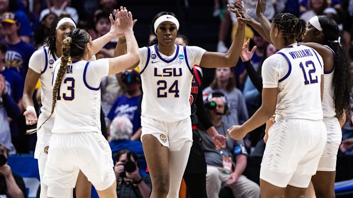 Mar 22, 2025; Baton Rouge, Louisiana, USA; LSU Lady Tigers forward Aneesah Morrow (24) reacts to being fouled by the San Diego State Aztecs during the first half at Pete Maravich Assembly Center. Mandatory Credit: Stephen Lew-Imagn Images Mar 22, 2025; Baton Rouge, Louisiana, USA; LSU Lady Tigers forward Aneesah Morrow (24) reacts to being fouled by the San Diego State Aztecs during the first half at Pete Maravich Assembly Center. Mandatory Credit: Stephen Lew-Imagn Images
