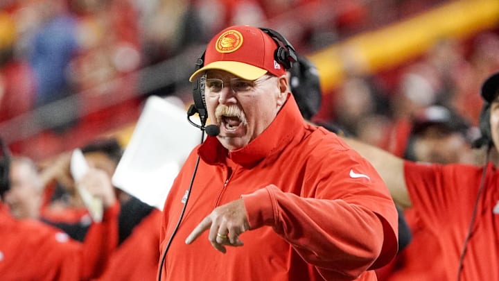 Oct 12, 2023; Kansas City, Missouri, USA; Kansas City Chiefs head coach Andy Reid reacts to a call Oct 12, 2023; Kansas City, Missouri, USA; Kansas City Chiefs head coach Andy Reid reacts to a call