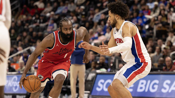 Feb 24, 2025; Detroit, Michigan, USA; Detroit Pistons guard Cade Cunningham (2) defends against LA Clippers guard James Harden (1) during the second half at Little Caesars Arena. Mandatory Credit: David Reginek-Imagn Images Feb 24, 2025; Detroit, Michigan, USA; Detroit Pistons guard Cade Cunningham (2) defends against LA Clippers guard James Harden (1) during the second half at Little Caesars Arena. Mandatory Credit: David Reginek-Imagn Images