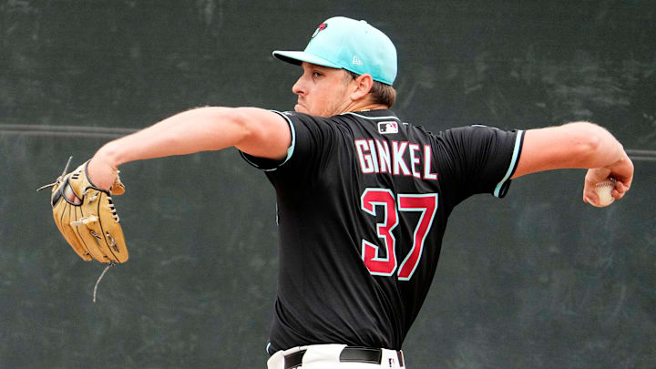 Arizona Diamondbacks pitcher Kevin Ginkel during spring training practice at Salt River Fields at Talking Stick in Scottsdale on Feb. 13, 2025.