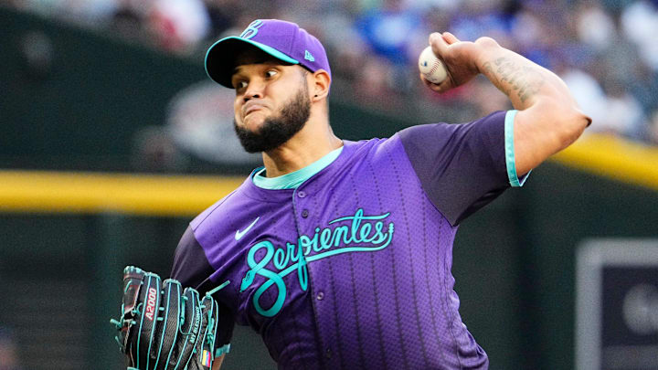 Arizona Diamondbacks starting pitcher Eduardo Rodriguez throws to the Los Angeles Dodgers in the first inning at Chase Field in Phoenix, on May 9, 2025.
