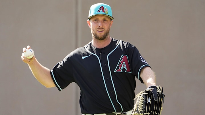 Arizona Diamondbacks pitcher Merrill Kelly (29) during spring training workouts on Feb. 10, 2026, at Salt River Fields in Scottsdale.