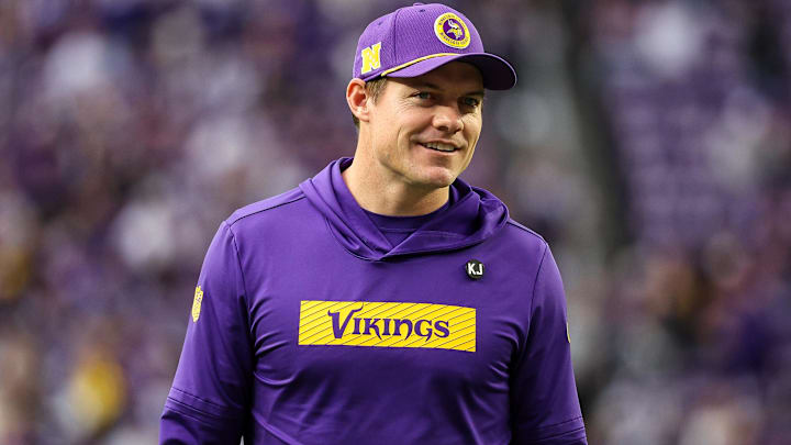 Dec 8, 2024; Minneapolis, Minnesota, USA; Minnesota Vikings head coach Kevin O'Connell looks on before the game against the Atlanta Falcons at U.S. Bank Stadium.