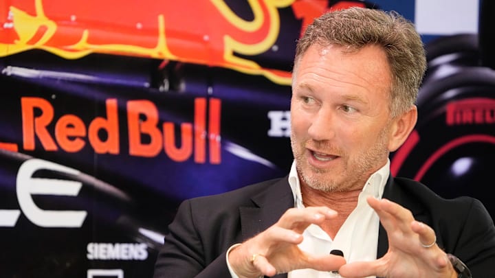 Christian Horner, Team Principal of Oracle Red Bull Racing, speaks at the Red Bull Fan Zone, a
