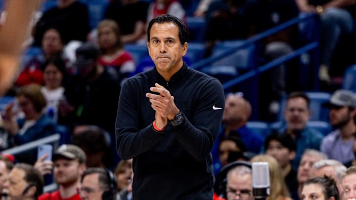 Apr 11, 2025; New Orleans, Louisiana, USA; Miami Heat head coach Erik Spoelstra against the New Orleans Pelicans during the first half at Smoothie King Center. Mandatory Credit: Stephen Lew-Imagn Images